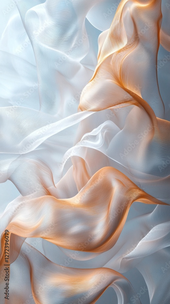 Poster abstract waves: flowing sheer fabric in delicate orange and white hues creating a dynamic textured e