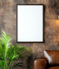 Blank Frame Mockup Brown Leather Sofa and Green Plant in Cozy Room