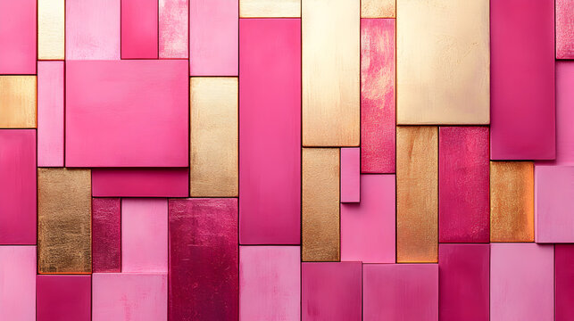 cuadro decorativo color rosa con dorado formado de rectangulos y figuras geometricas textura moderna y elegante abstracto