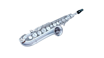A silver saxophone with a black mouthpiece