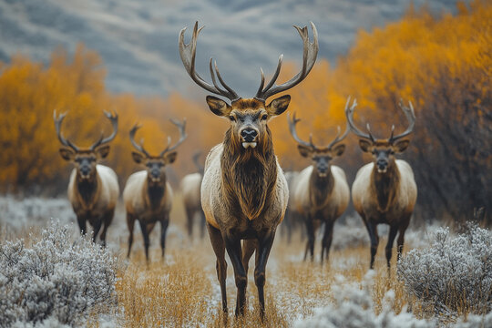 A Majestic Bull Elk Leads His Herd Through Autumn's Golden Haze