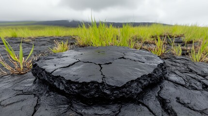 Naklejka premium Cracked Lava Rock Surrounded by Lush Green Grass Under Overcast Sky