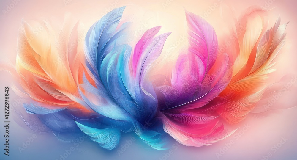 Poster pastel colorful feathers in soft focus with ethereal glow