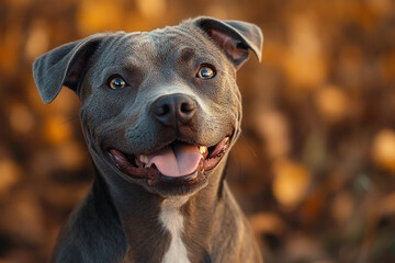 Smiling Pitbull in Autumnal Setting Radiating Joyful Innocence