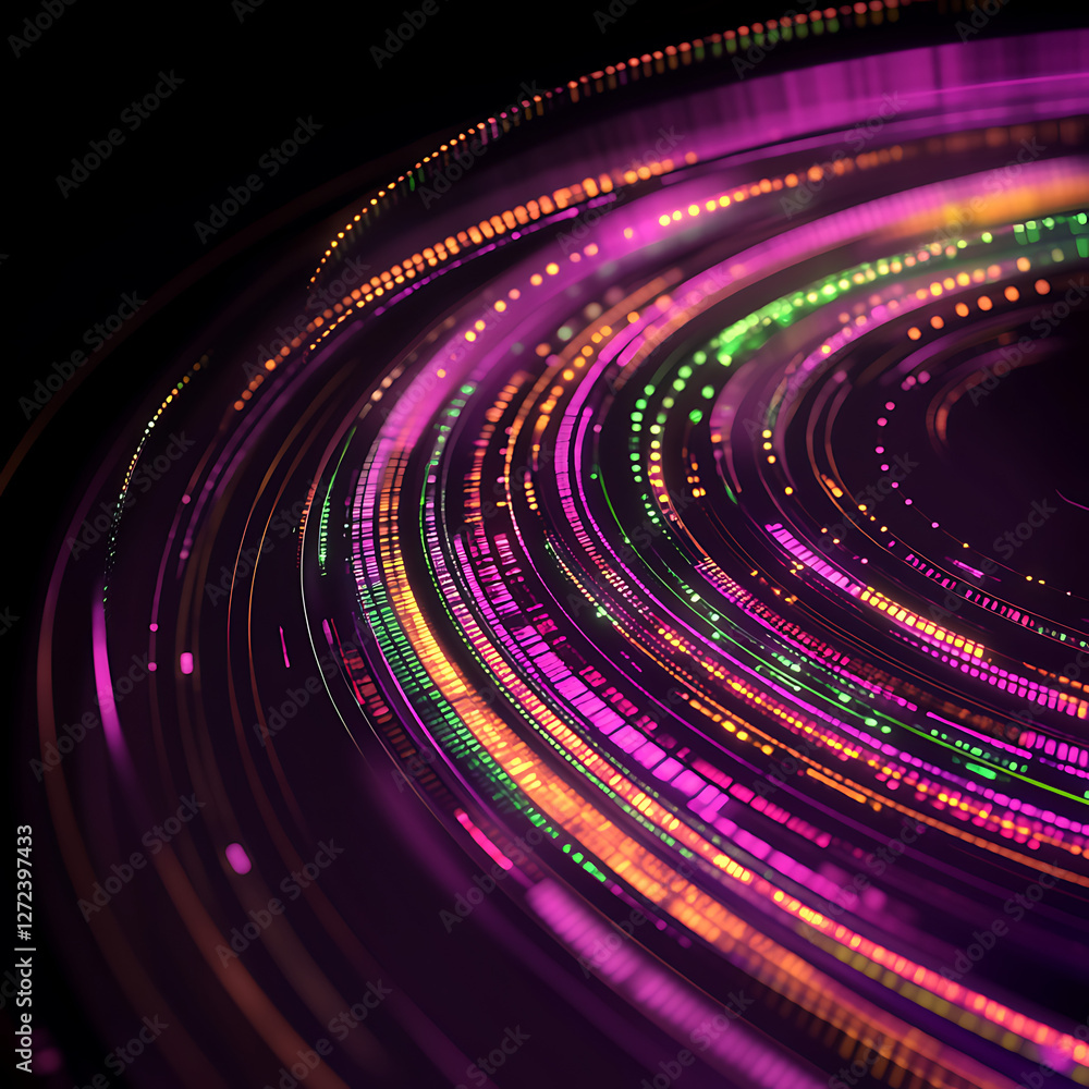 Poster abstract data streams with luminous circular patterns on dark background radiating technology concep