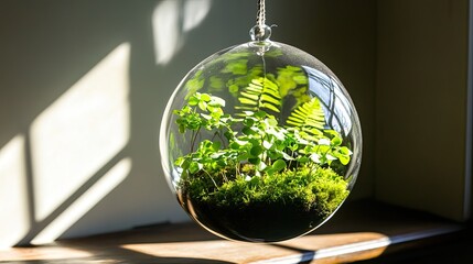 Hanging Glass Terrarium With Lush Green Plants