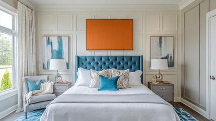 Elegant Teal Bedroom With White Bedding And Artwork
