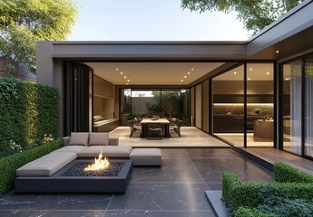 Fototapeta premium Modern Outdoor Living Space with Fire Pit and Scenic Garden View