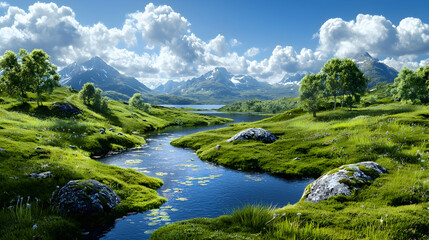 Fototapeta premium Winding blue river flows through lush green hills and meadows with snow-capped mountains under a cloudy sky during a bright sunny day.