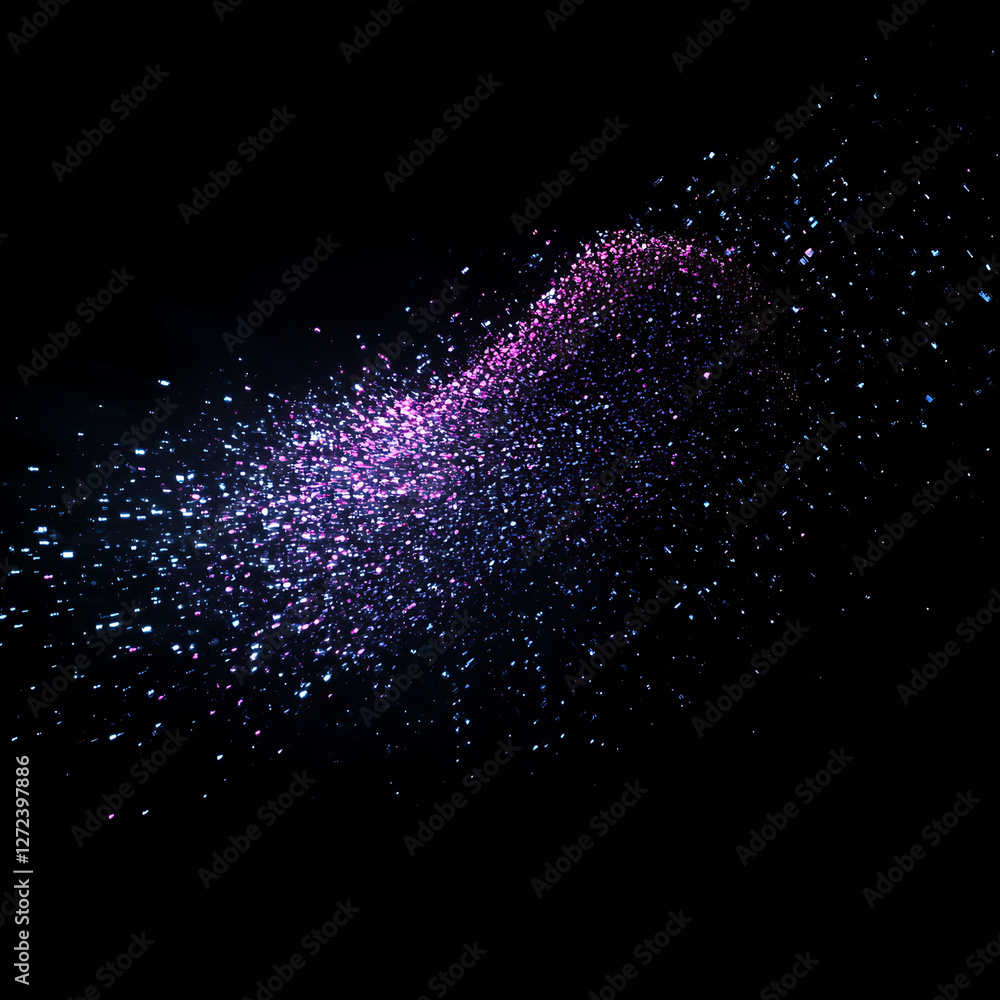 Poster abstract galactic dust cloud exploding in violet and blue sparkles on black backdrop space scene.