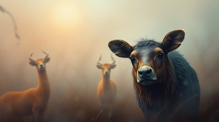 Fototapeta premium Majestic Young Cow in Misty Meadow with Deer