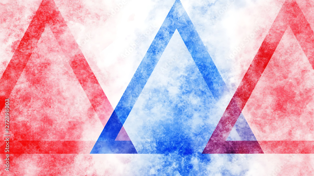 Poster abstract geometric composition with triangles in red white and blue artistic expression.