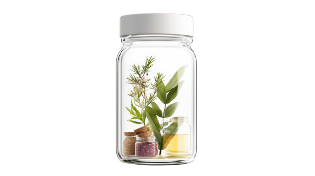 A jar filled with various herbs and plants