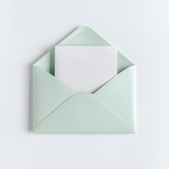 Open envelope with a blank white card inside, minimalist design on a white background, top-down view.