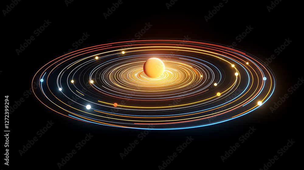 Aufkleber abstract rendering of a glowing celestial system with planetary orbits and central star.