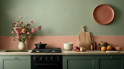 A harmonious and stylish kitchen with a stove positioned away from the sink for energy balance