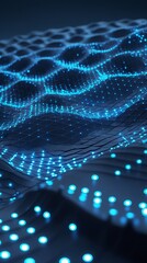 Futuristic digital wave of glowing blue dots forming an abstract data visualization, representing artificial intelligence, big data, and advanced technology in cyberspace

