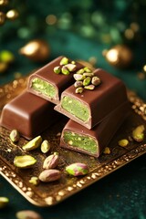 Obraz premium Dubai chocolate with pistachios on gold plate