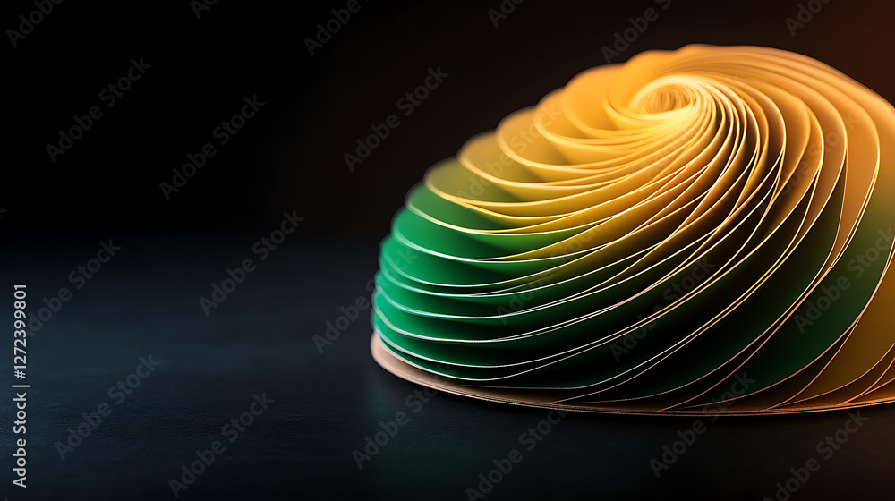 Poster abstract swirl of green and yellow paper layers creating a mesmerizing dome structure.