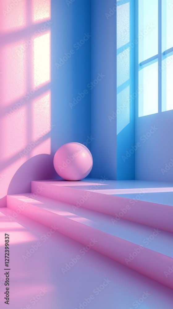 Poster geometric composition featuring a pink sphere steps and window light creating a serene abstract scen