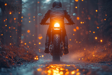 Motorcycle adventure into the firefly forest at twilight hour