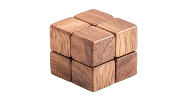 A wooden cube with a square hole in the middle