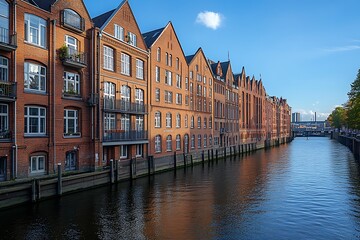 Obraz premium Canal-side brick buildings, city, sunset