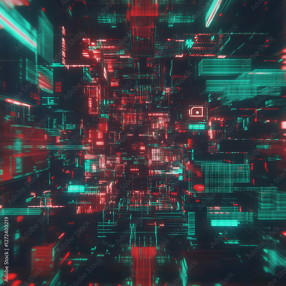 Poster abstract technological matrix visualisation of interconnected data system with complex geometric str