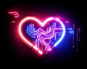 Glowing neon heart with circuit background, to convey modern digital love and future tech