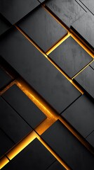 Abstract composition of black panels with golden illuminated stripes Modern striking background or wallpaper