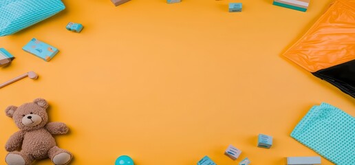 Colorful Baby Theme with Toys and Accessories on Bright Yellow Background