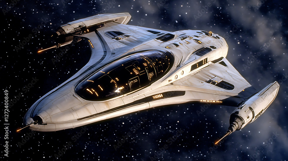 Poster advanced spaceship exploring distant nebula space scene concept art with detailed design and lightin