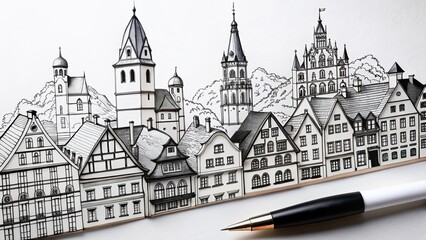 Obraz premium Mainz Old Town Germany Minimalist Line Art Sketch Travel Illustration