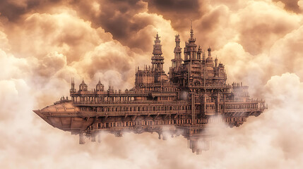 Fototapeta premium Aerial Steampunk City Floating Amidst the Clouds A Vision of Intricate Design and Ethereal Beauty.