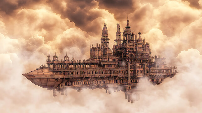 Aerial Steampunk City Floating Amidst the Clouds A Vision of Intricate Design and Ethereal Beauty.