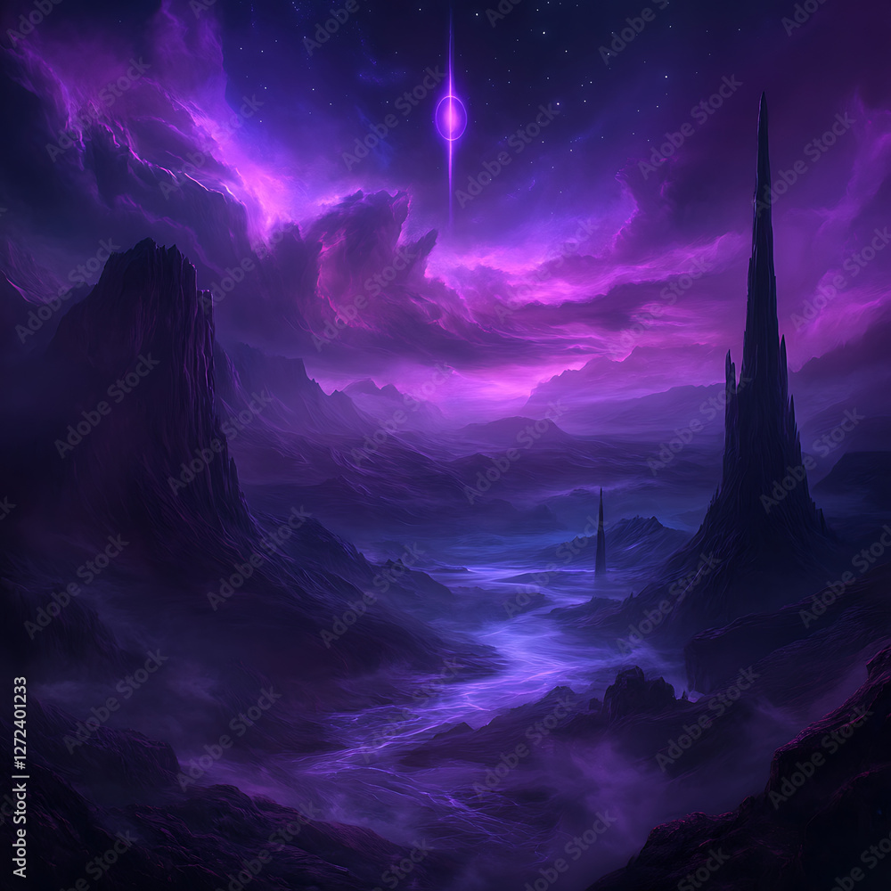 Poster alien landscape with towering structures and celestial beacon glowing in a violet heavenscape.