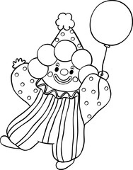 Happy Clown with Balloon outline doodle Hand drawn