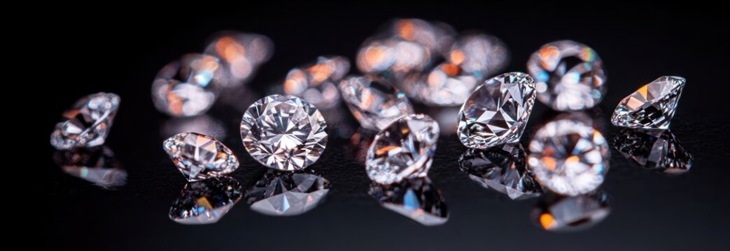 Diamonds and Crystals Sparkling on Black Background with Colorful Caustics and Bright Reflections
