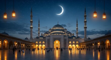 Naklejka premium A serene night view of a mosque illuminated by crescent moonlight, with glowing lanterns and a peaceful Ramadan atmosphere