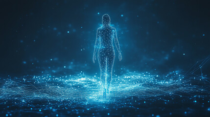 Obraz premium Glowing wireframe figure of a person walking in a digital landscape during twilight