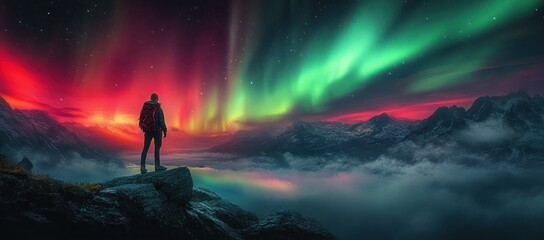 Hiker on Rocky Cliff Gazes at Northern Lights in Vibrant Night Sky