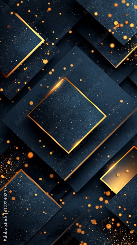 Poster abstract geometric design with navy squares and golden edges illuminated with sparkling bokeh dots