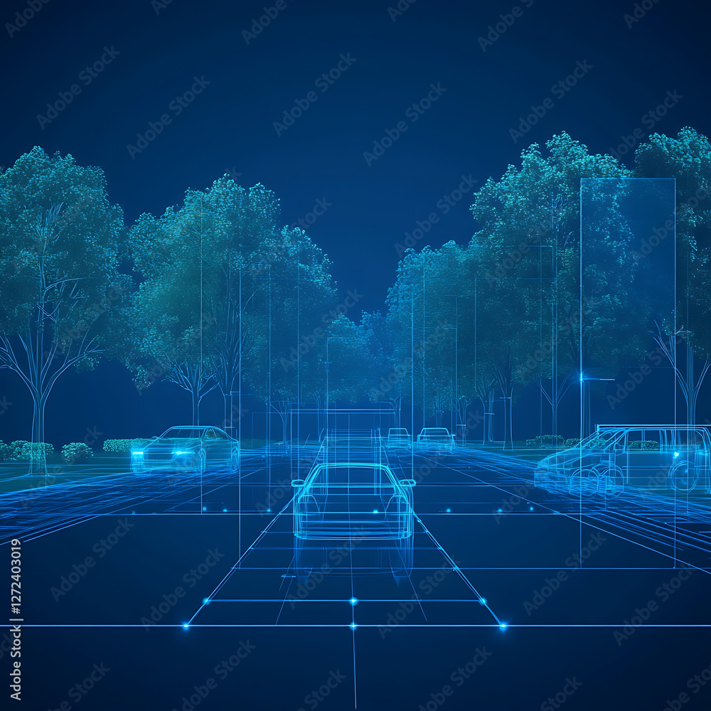 Poster autonomous vehicle simulation with cityscape wireframe and roadway network for intelligent transport