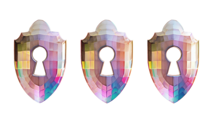 Three colorful, faceted shields with keyholes, set against a plain background, suggesting security themes