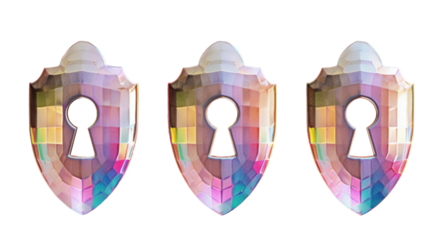 Three colorful, faceted shields with keyholes, set against a plain background, suggesting security themes