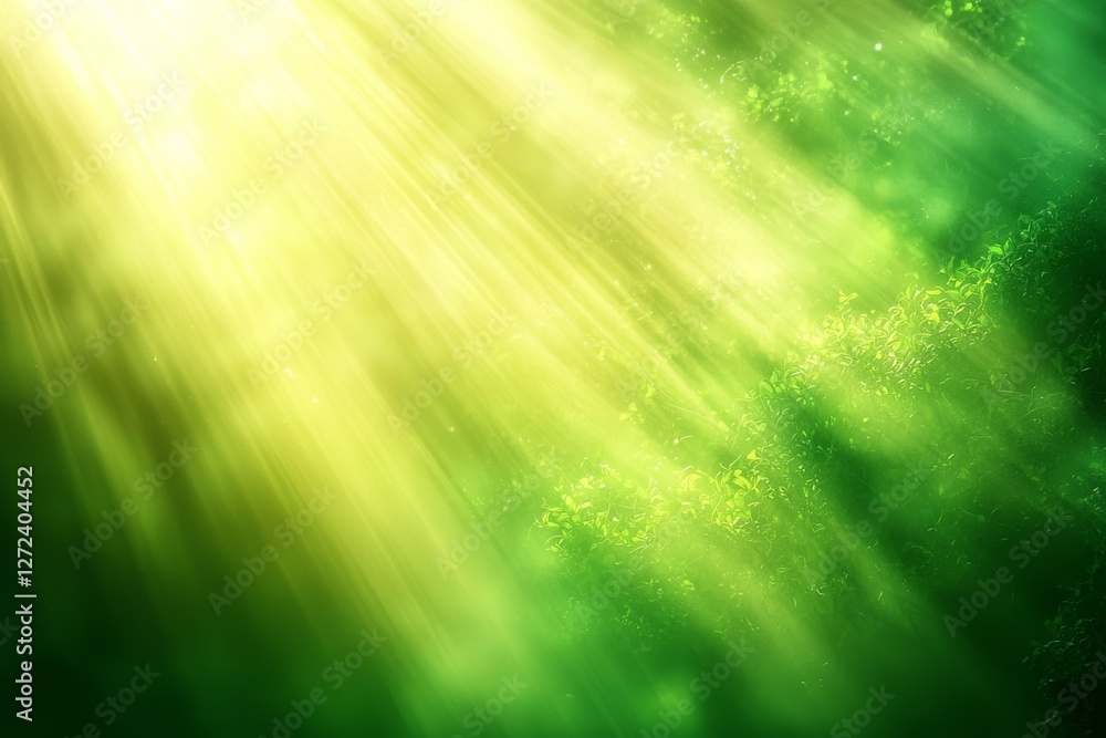 Poster sunlight streaming through a lush green forest canopy creating a serene and ethereal atmosphere