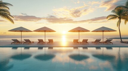 Naklejka premium Exotic beachfront villa with pristine infinity pool, elegant sun beds, cozy umbrellas, and warm sunlight. No people no text
