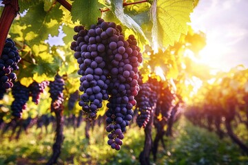 Golden Hour Grape Harvest Scene in Vibrant Vineyards Near the Alps