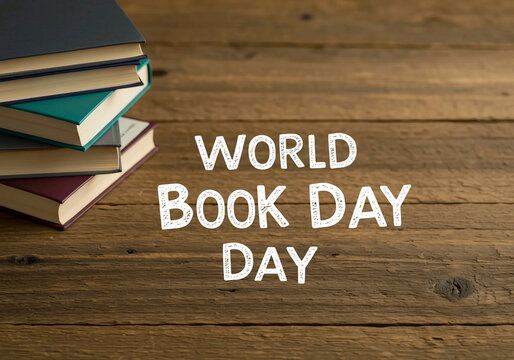 Stacked books on a wooden table with the text "World Book Day" creatively arranged, promoting reading and literacy.