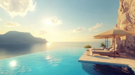 Fototapeta premium Fantastic private villa terrace with sun beds under umbrella, luxury pool hotel, stunning summer pattern, serene atmosphere, tranquil view. No people no text